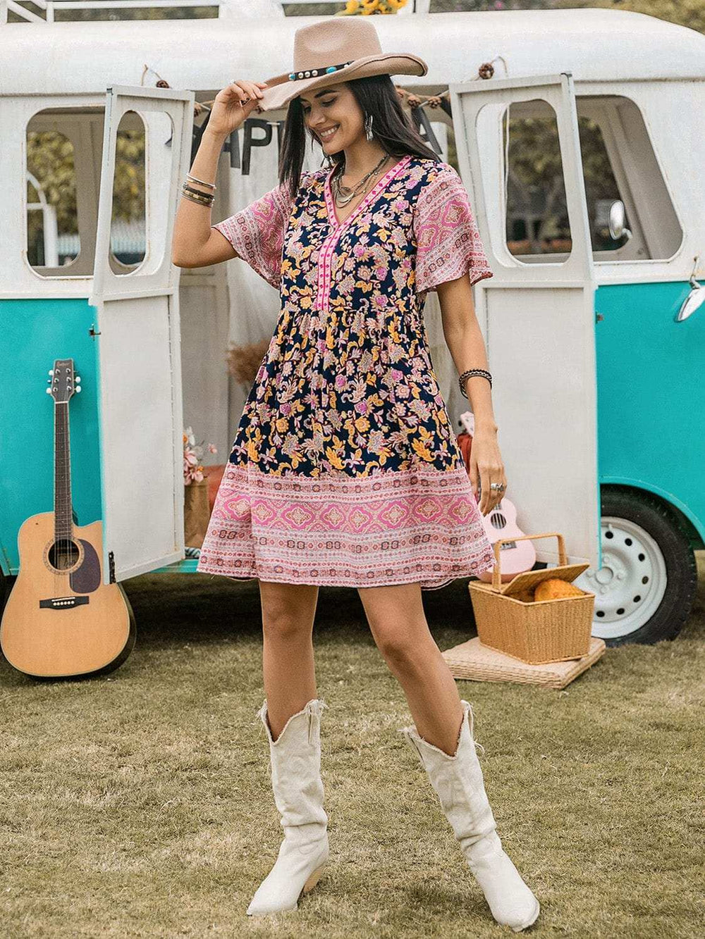 Printed V-Neck Short Sleeve Dress - Trendsi - Flyclothing LLC