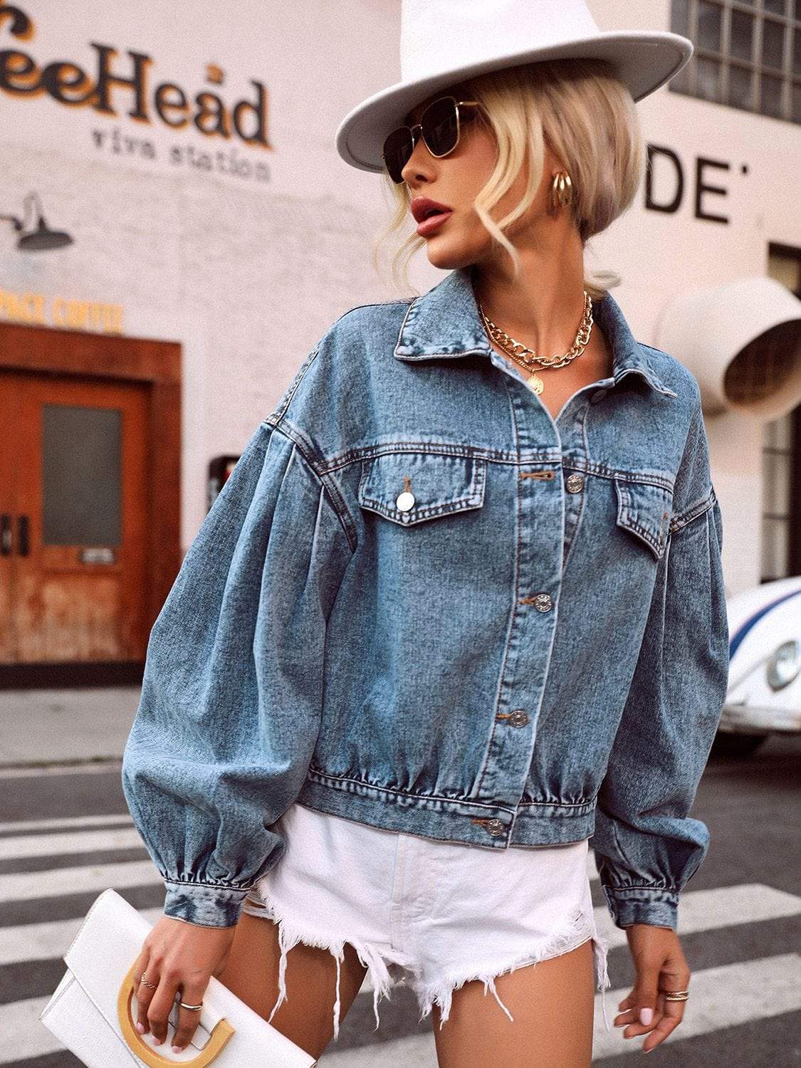 Collared Neck Dropped Shoulder Denim Top - Trendsi - Flyclothing LLC