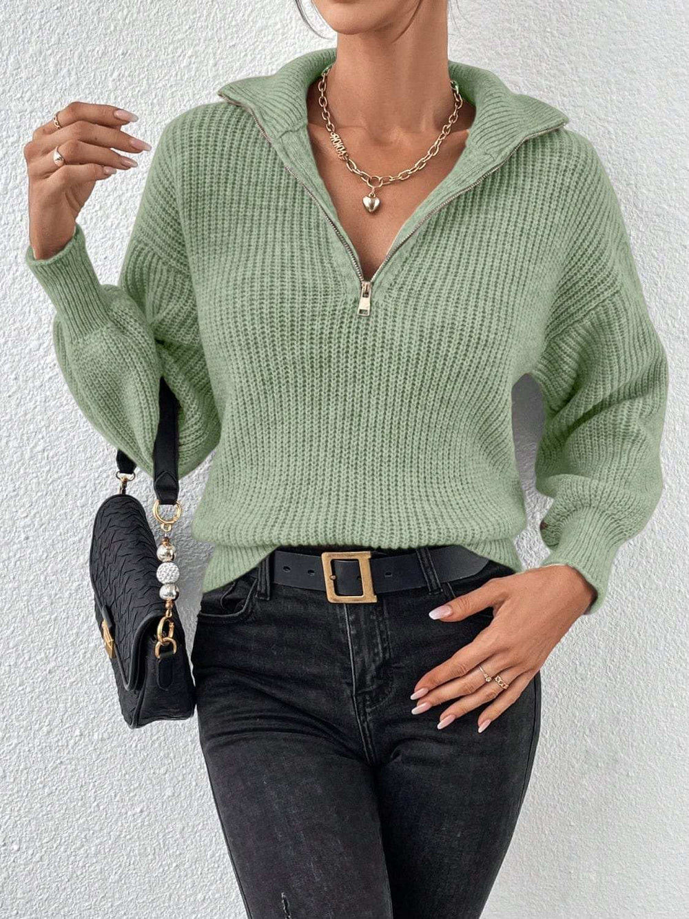 Honey Half Zip Dropped Shoulder Sweater - Trendsi - Flyclothing LLC