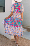 Mixed Floral Print Tie Neck Short Sleeve Dress - Trendsi