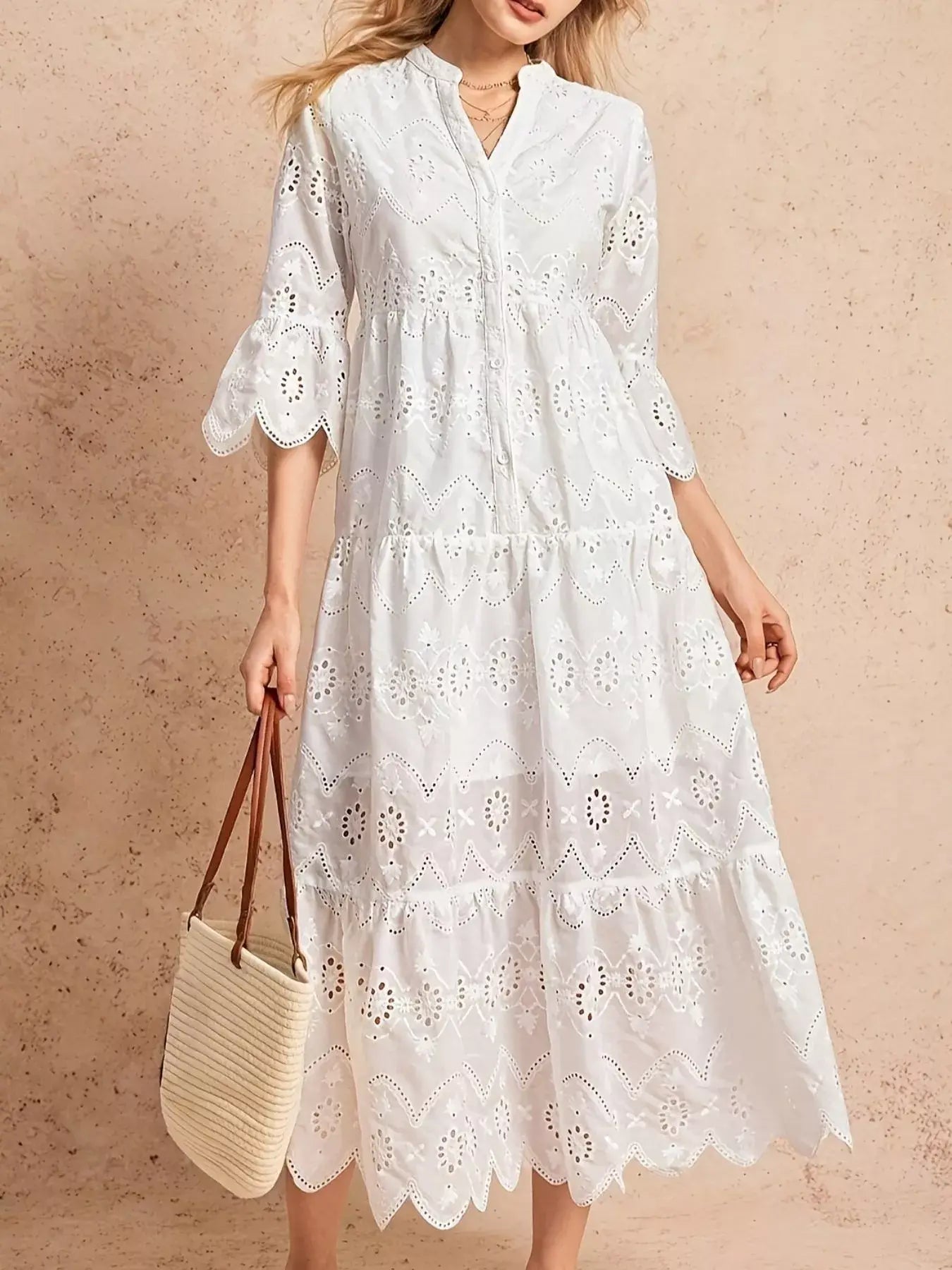 Eyelet Notched Tiered Midi Dress - Trendsi - Flyclothing LLC