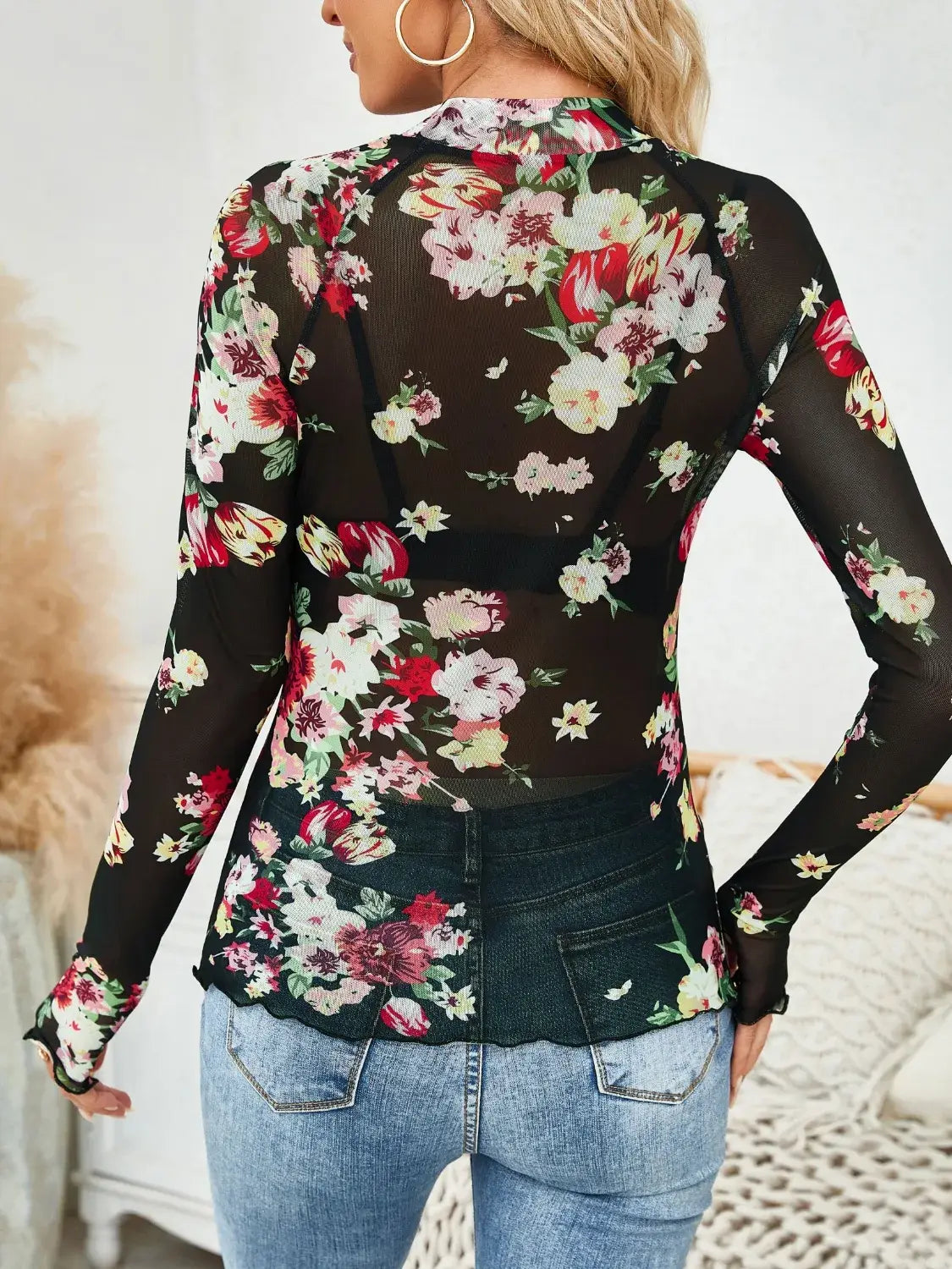 Floral Mock Neck Long Sleeve Top - Trendsi - Flyclothing LLC
