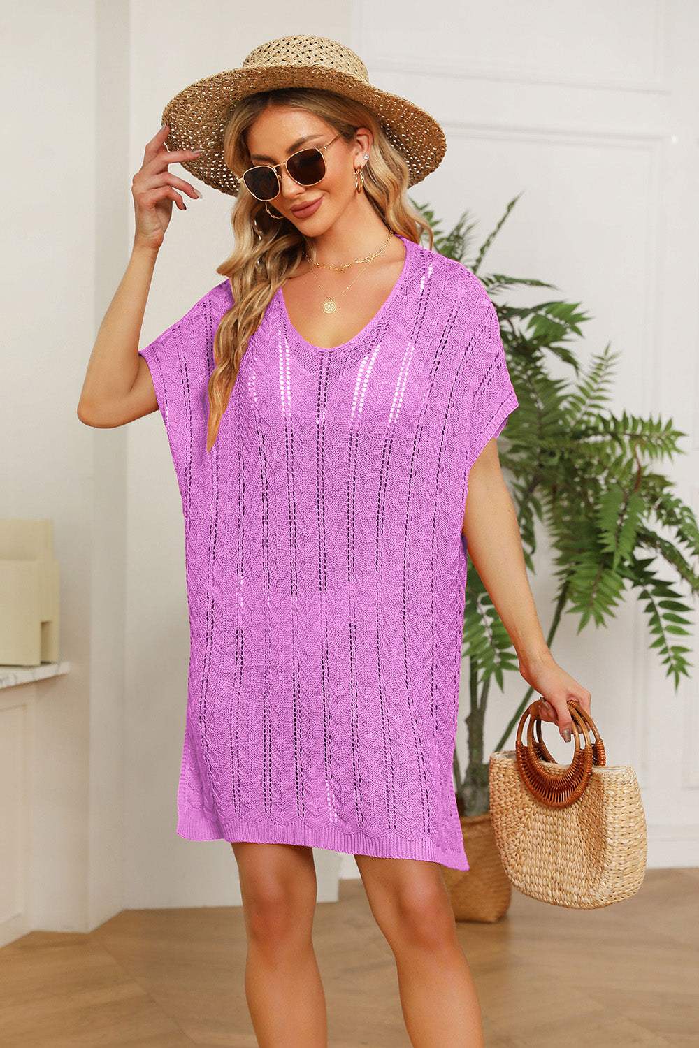 Double Take Openwork Short Sleeve Slit Knit Cover Up - Trendsi - Flyclothing LLC