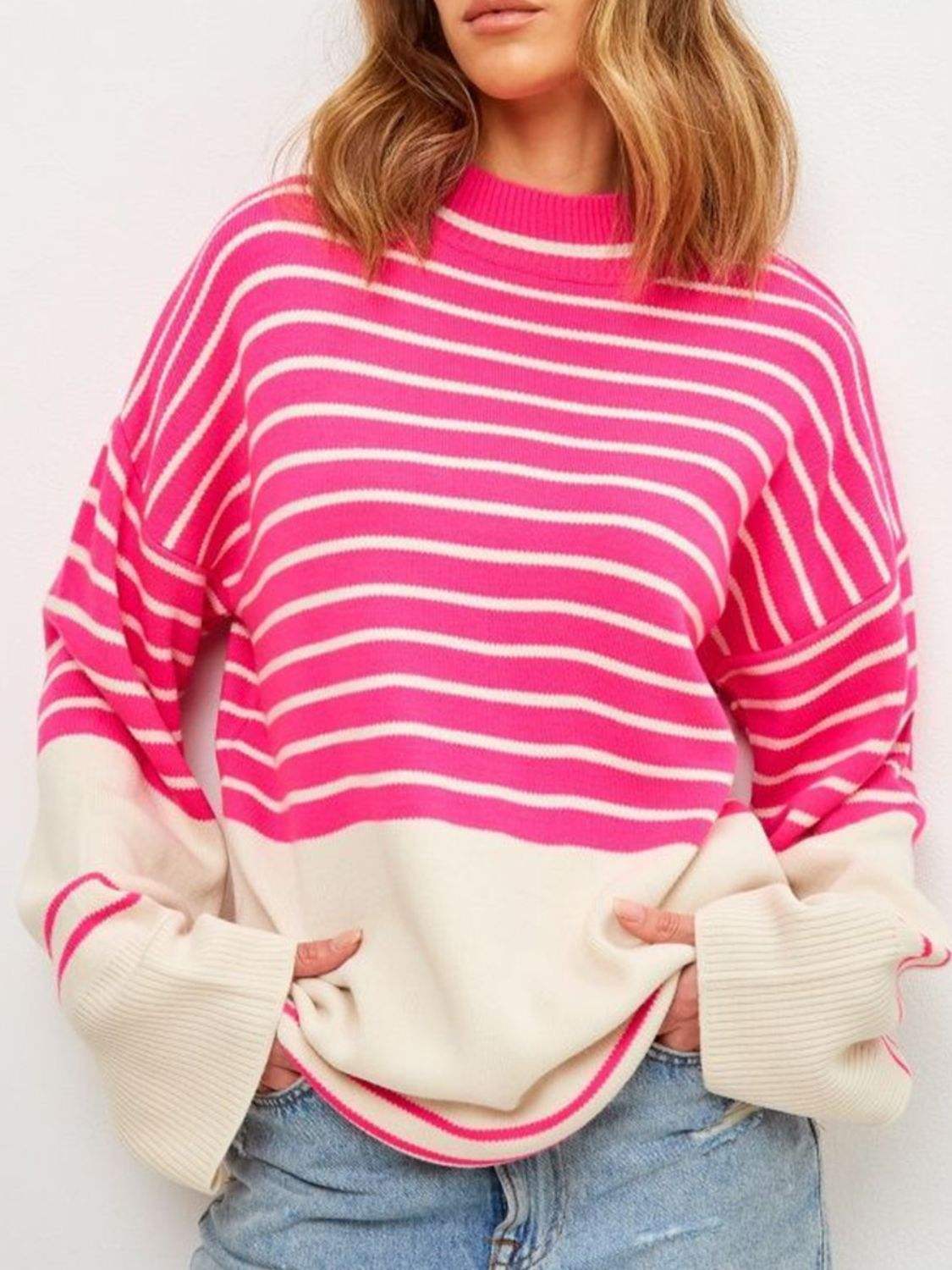 Striped Mock Neck Long Sleeve Sweater - Trendsi - Flyclothing LLC