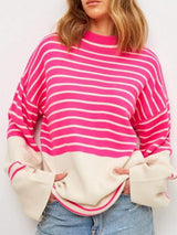 Striped Mock Neck Long Sleeve Sweater - Trendsi - Flyclothing LLC