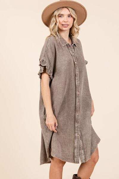 Mittoshop Mineral Wash Cotton Gauze Mini Shirt Dress - Trendsi - Flyclothing LLC