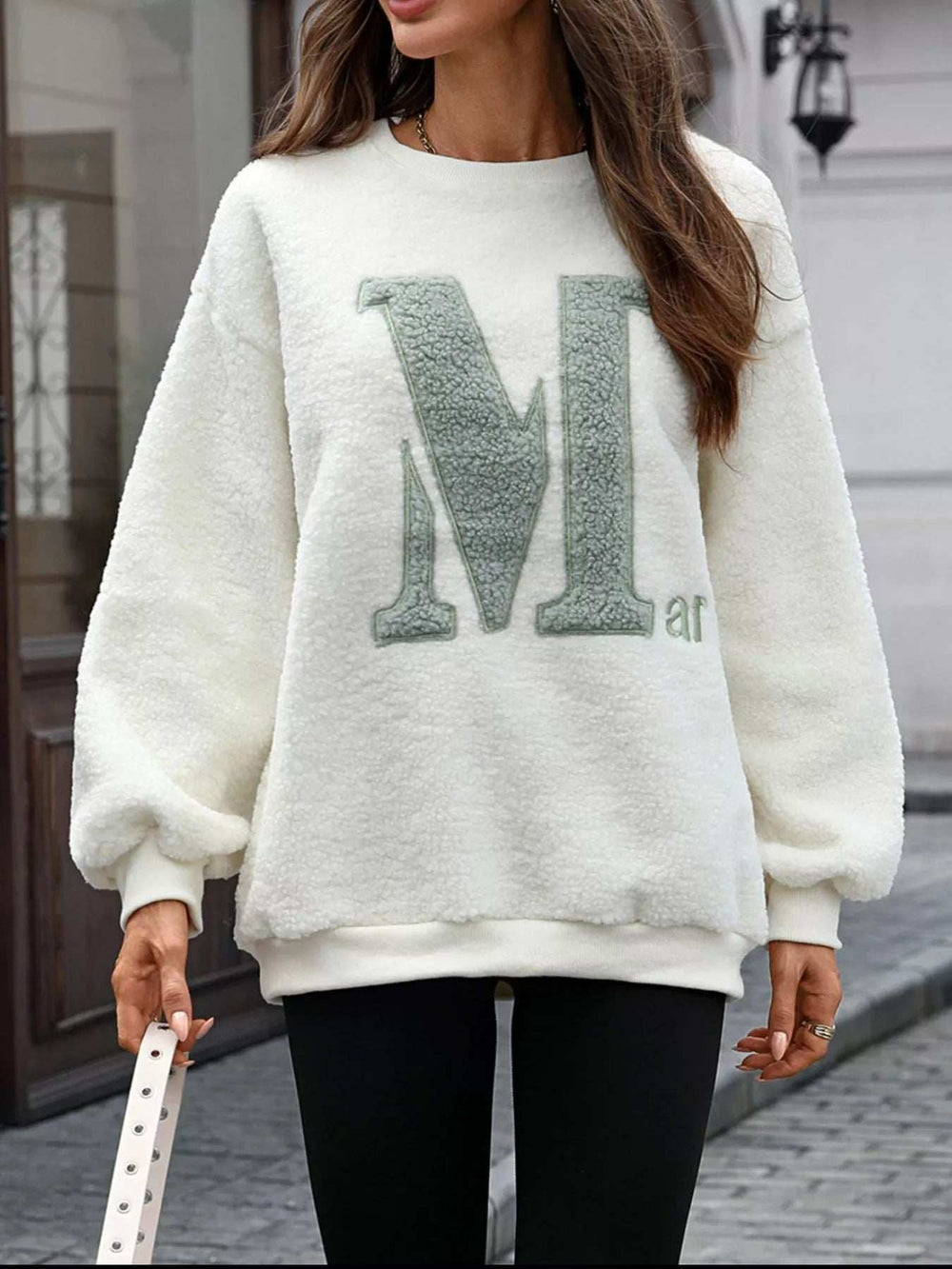 Letter Round Neck Fleece Sweatshirt - Trendsi - Flyclothing LLC