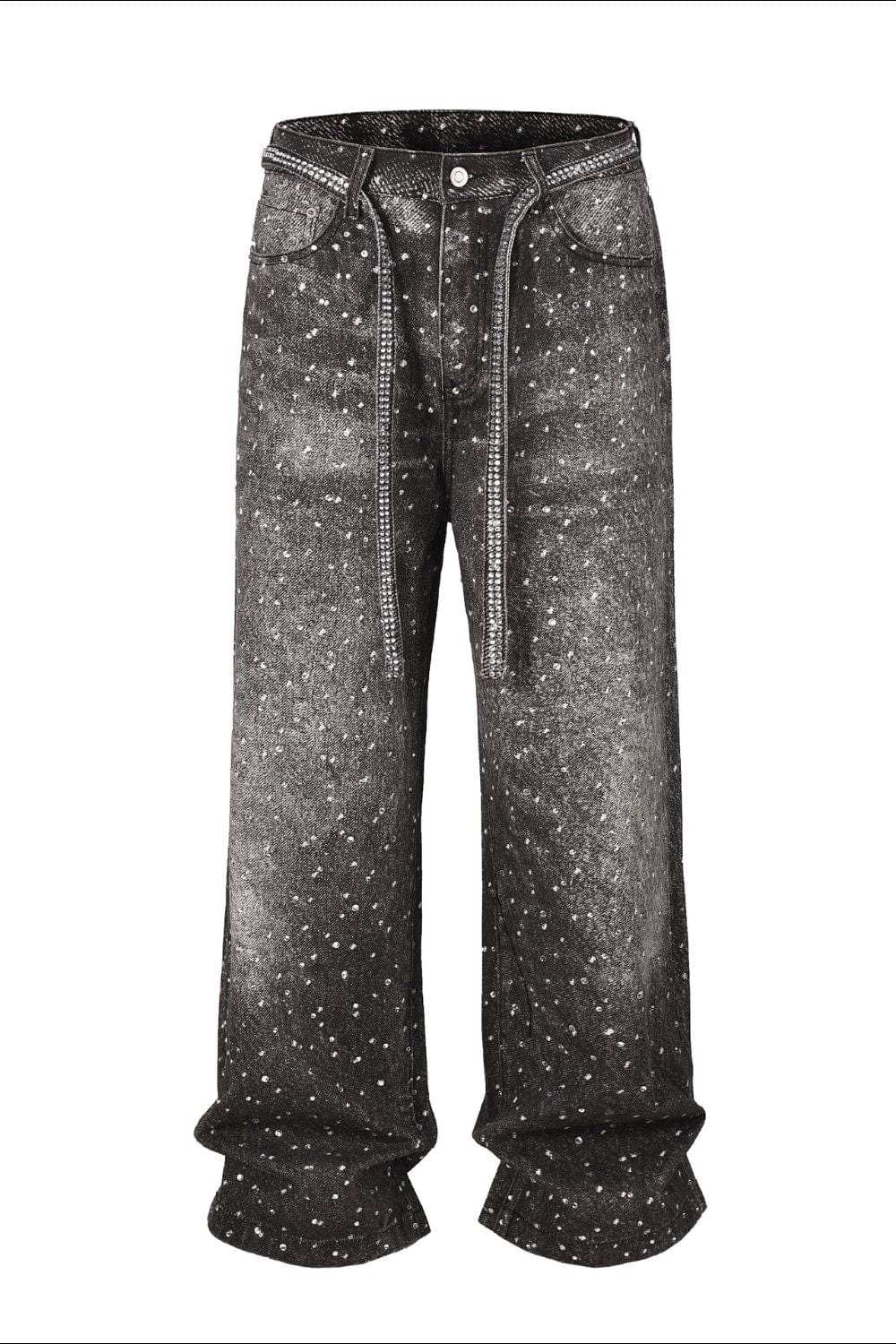 Men's Washed Rhinestone Jeans with Rhinestone Belt - Trendsi - Flyclothing LLC