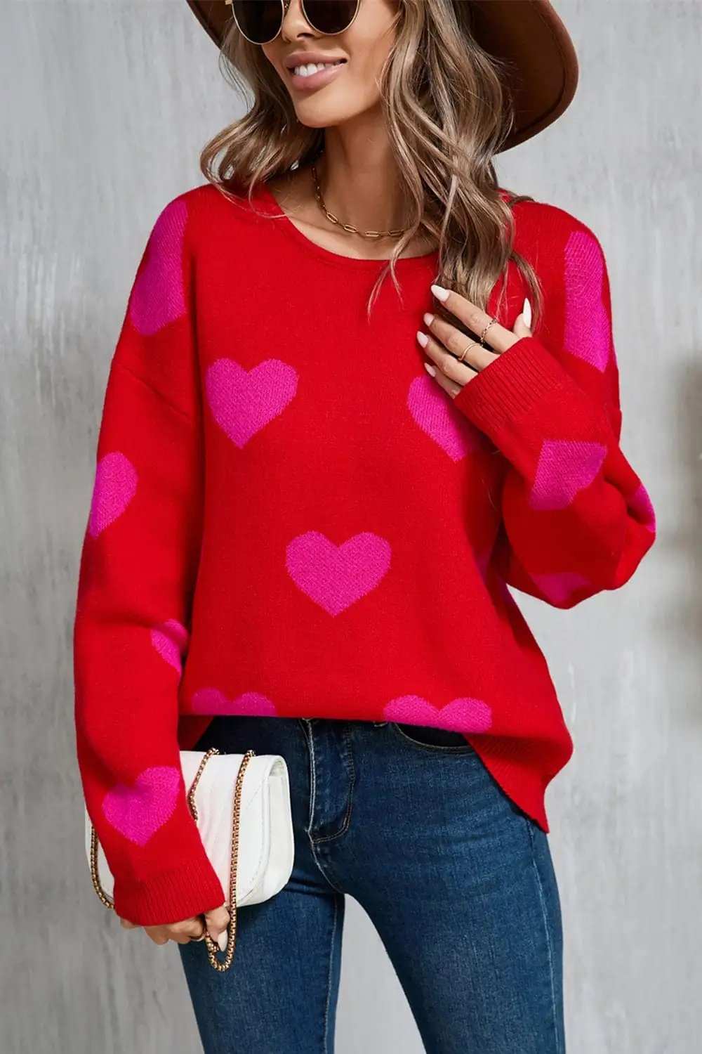 Angel Wings Heart Round Neck Dropped Shoulder Sweater - Trendsi - Flyclothing LLC