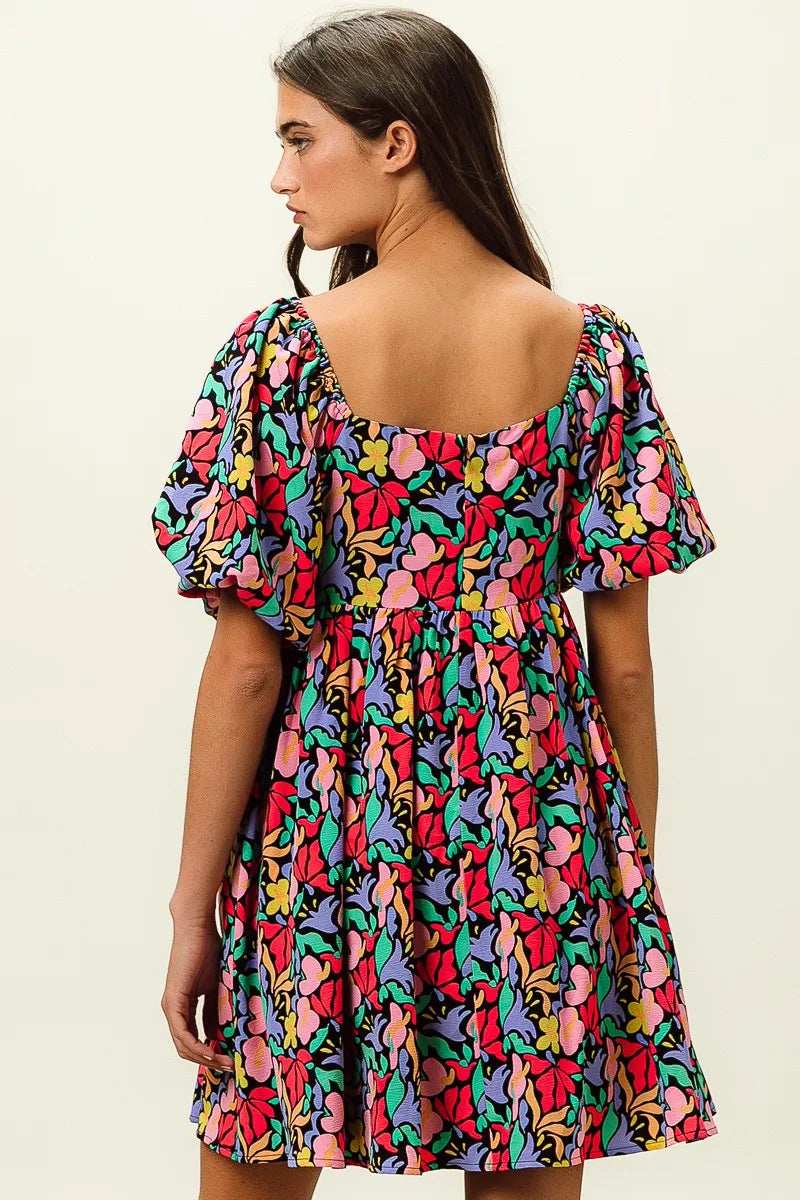 BiBi Floral Print Puff Square Neck Dress - Trendsi - Flyclothing LLC