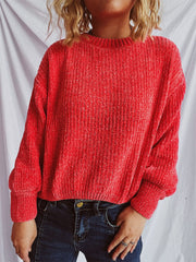 Round Neck Dropped Shoulder Long Sleeve Sweater - Trendsi