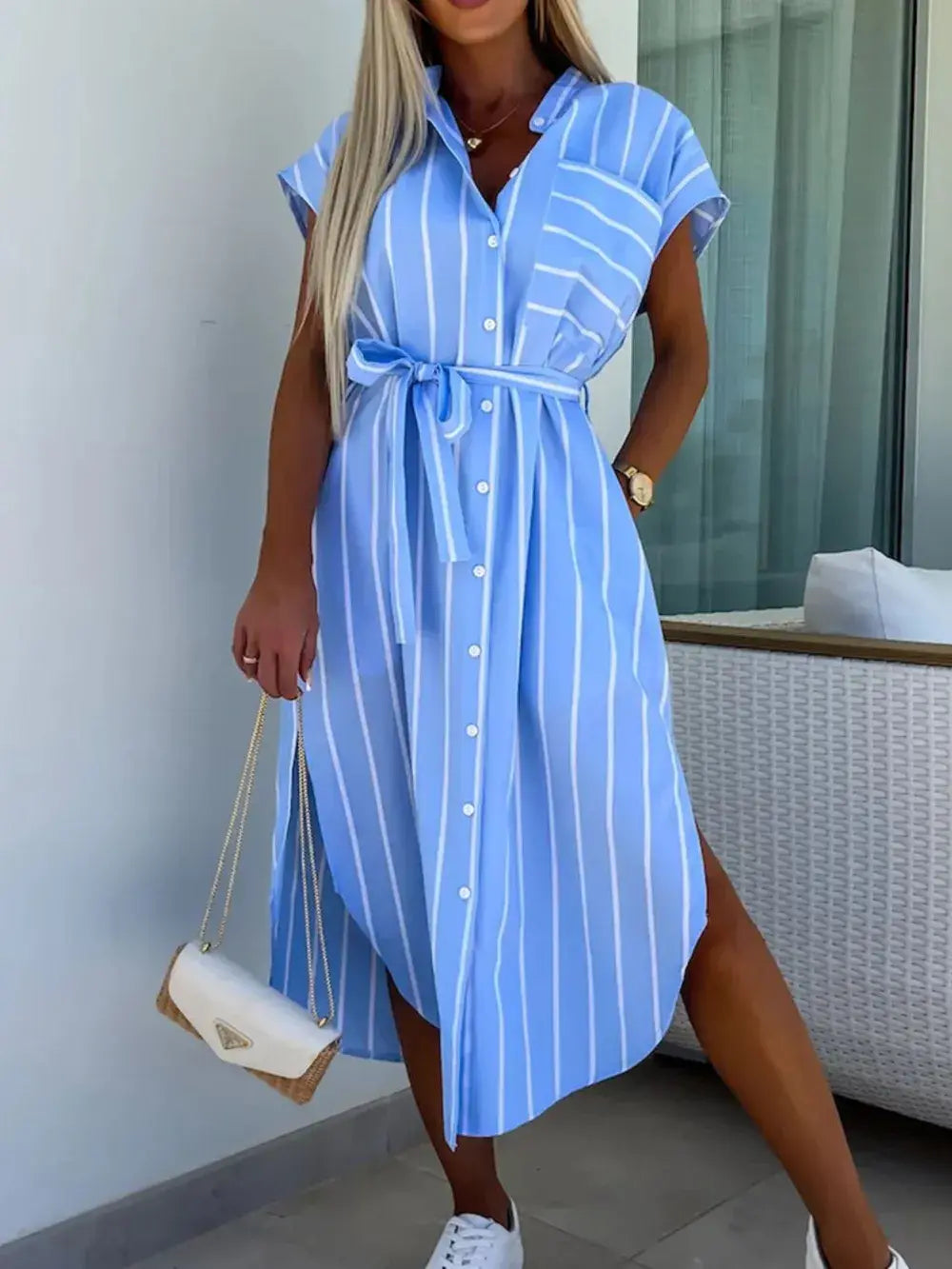 Striped Tie Waist Short Sleeve Dress - Trendsi - Flyclothing LLC