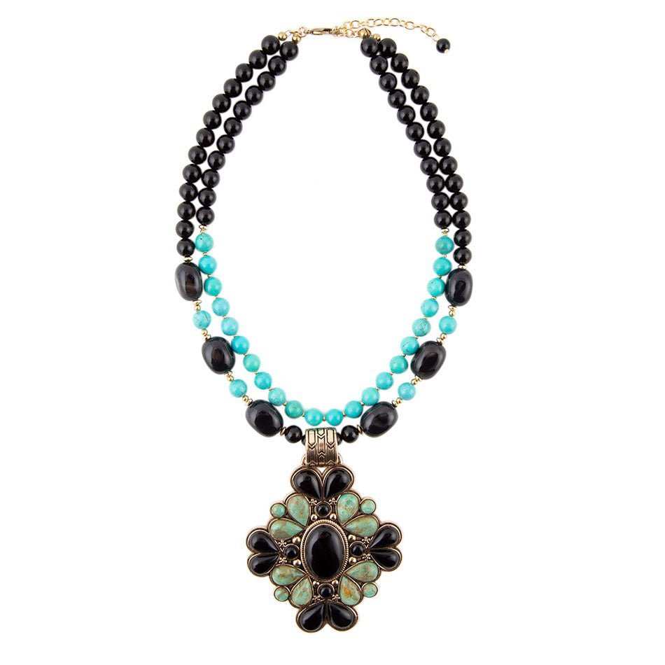 Barcelona Blue Turquoise and Black Onyx Golden Statement Necklace - Barse Jewelry - Flyclothing LLC