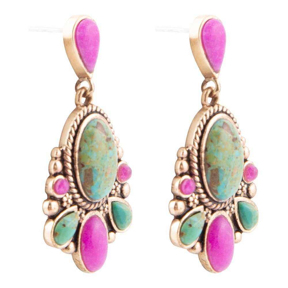 Barcelona Blue Turquoise and Pink Agate Golden Drop Earrings - Barse Jewelry - Flyclothing LLC