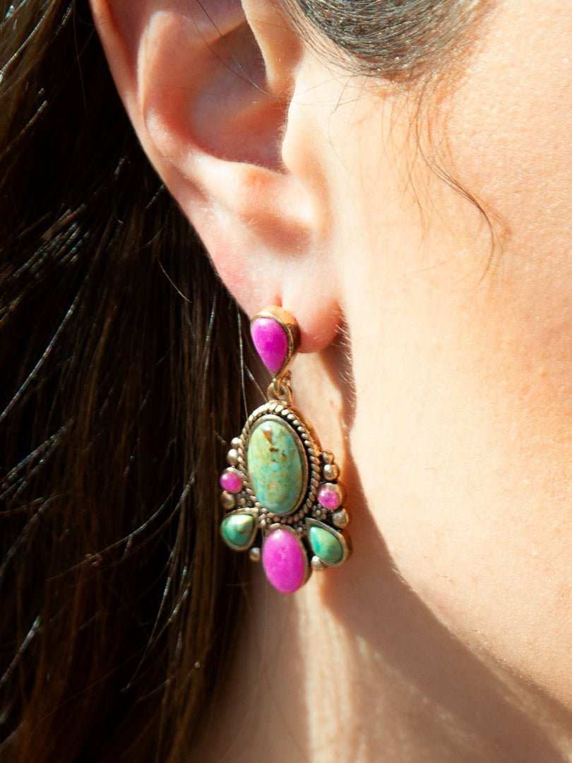Barcelona Blue Turquoise and Pink Agate Golden Drop Earrings - Barse Jewelry - Flyclothing LLC