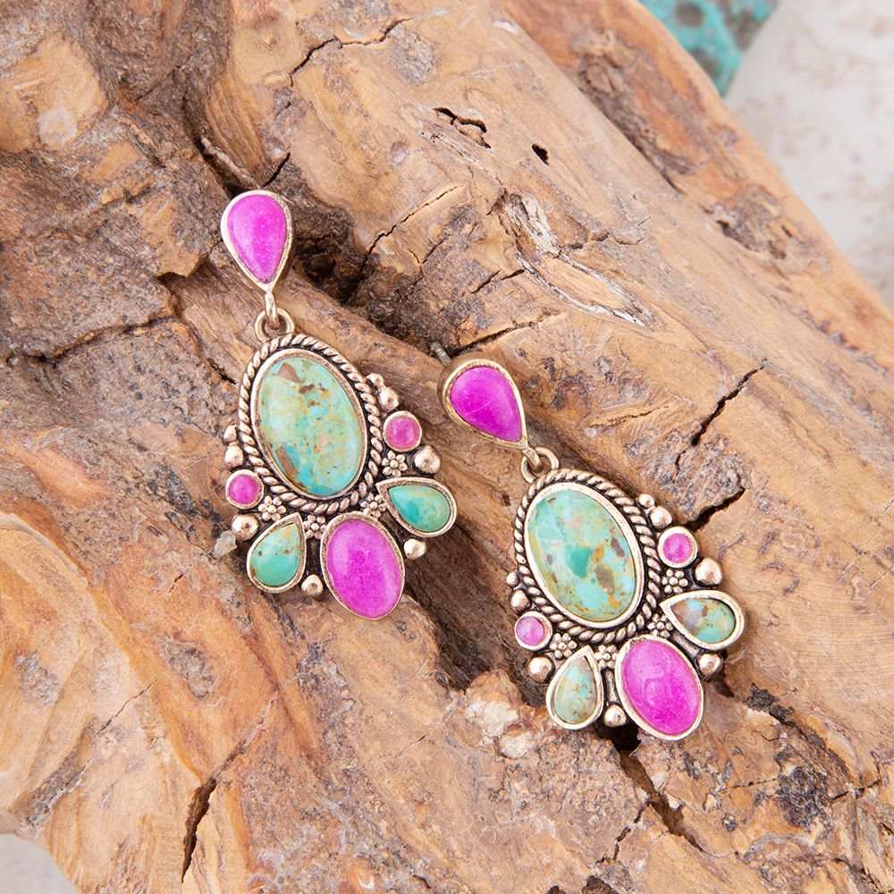 Barcelona Blue Turquoise and Pink Agate Golden Drop Earrings - Barse Jewelry - Flyclothing LLC