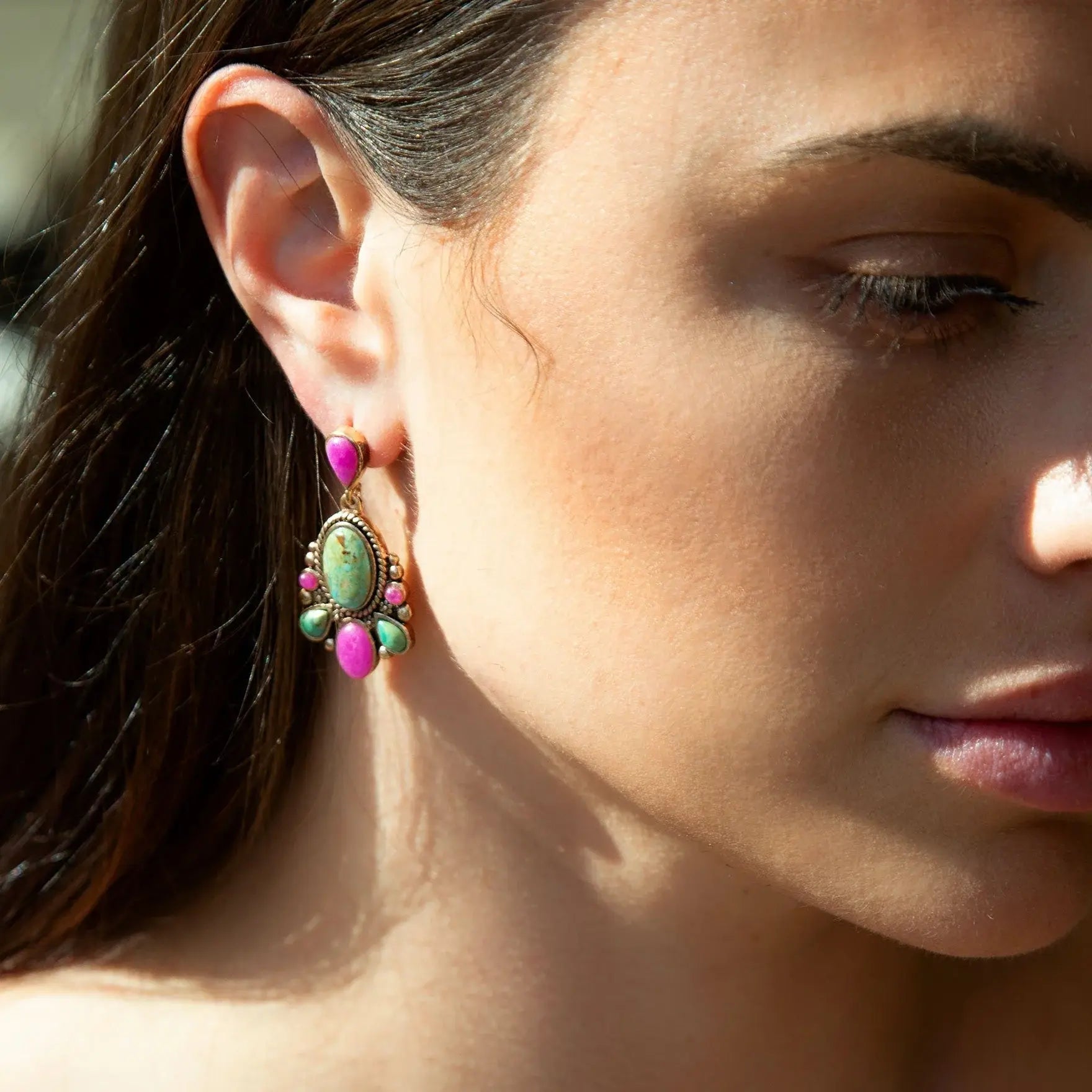 Barcelona Blue Turquoise and Pink Agate Golden Drop Earrings - Barse Jewelry - Flyclothing LLC
