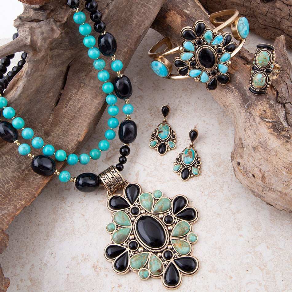 Barcelona Blue Turquoise Black Onyx Golden Cuff Bracelet - Barse Jewelry - Flyclothing LLC