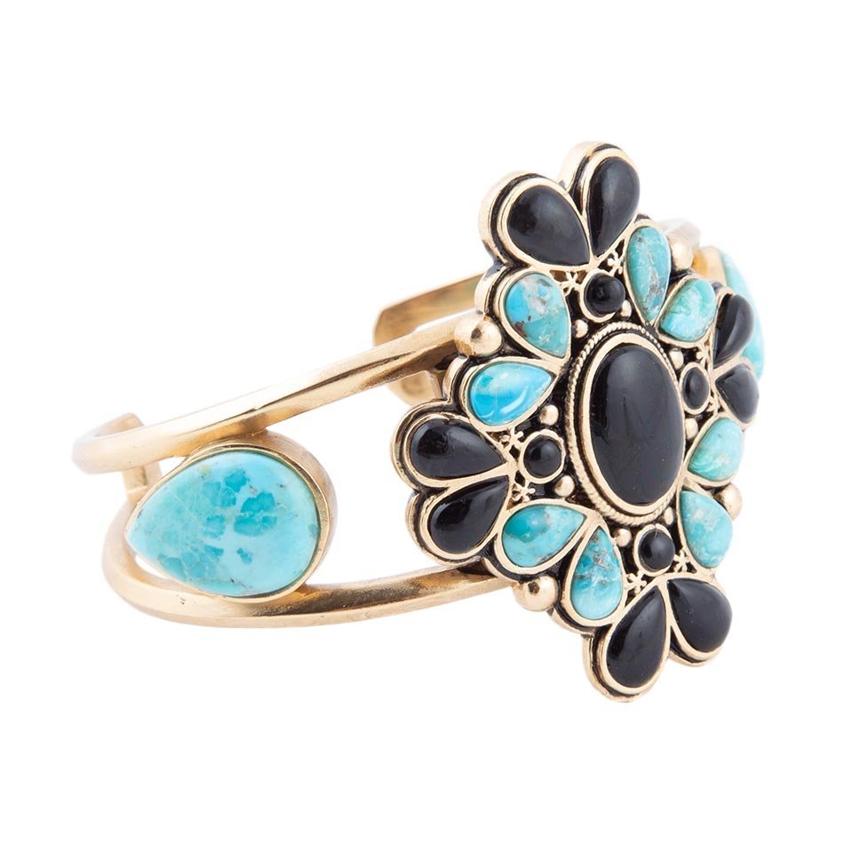 Barcelona Blue Turquoise Black Onyx Golden Cuff Bracelet - Barse Jewelry