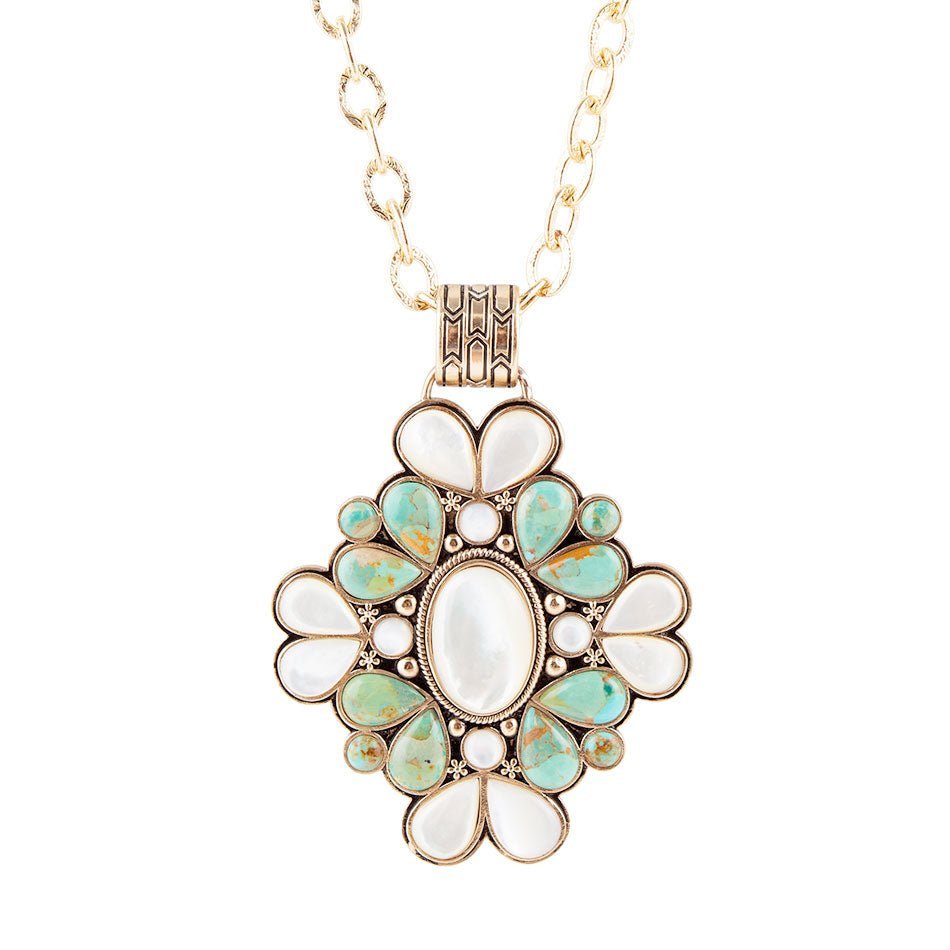 Barcelona Blue Turquoise and Mother of Pearl Golden Statement Necklace - Barse Jewelry