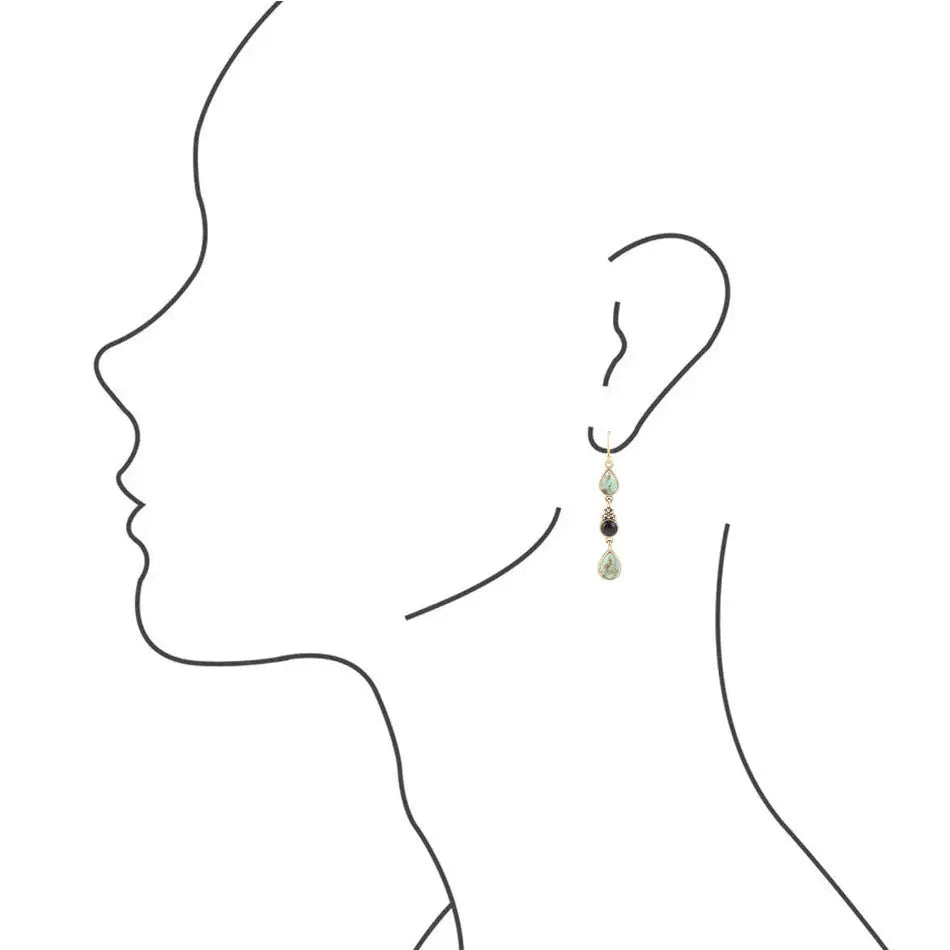 Barcelona Blue Turquoise and Black Onyx Linear Drop Golden Earrings - Barse Jewelry - Flyclothing LLC