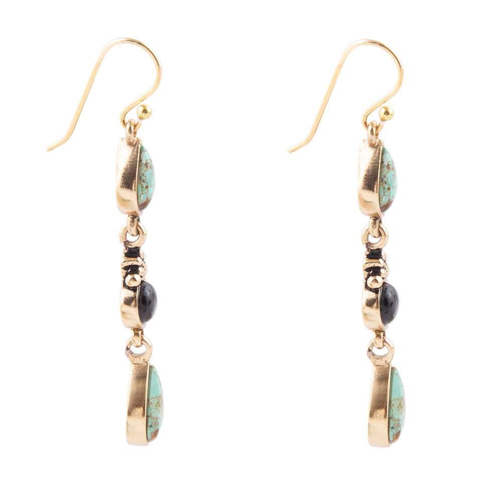 Barcelona Blue Turquoise and Black Onyx Linear Drop Golden Earrings - Barse Jewelry - Flyclothing LLC