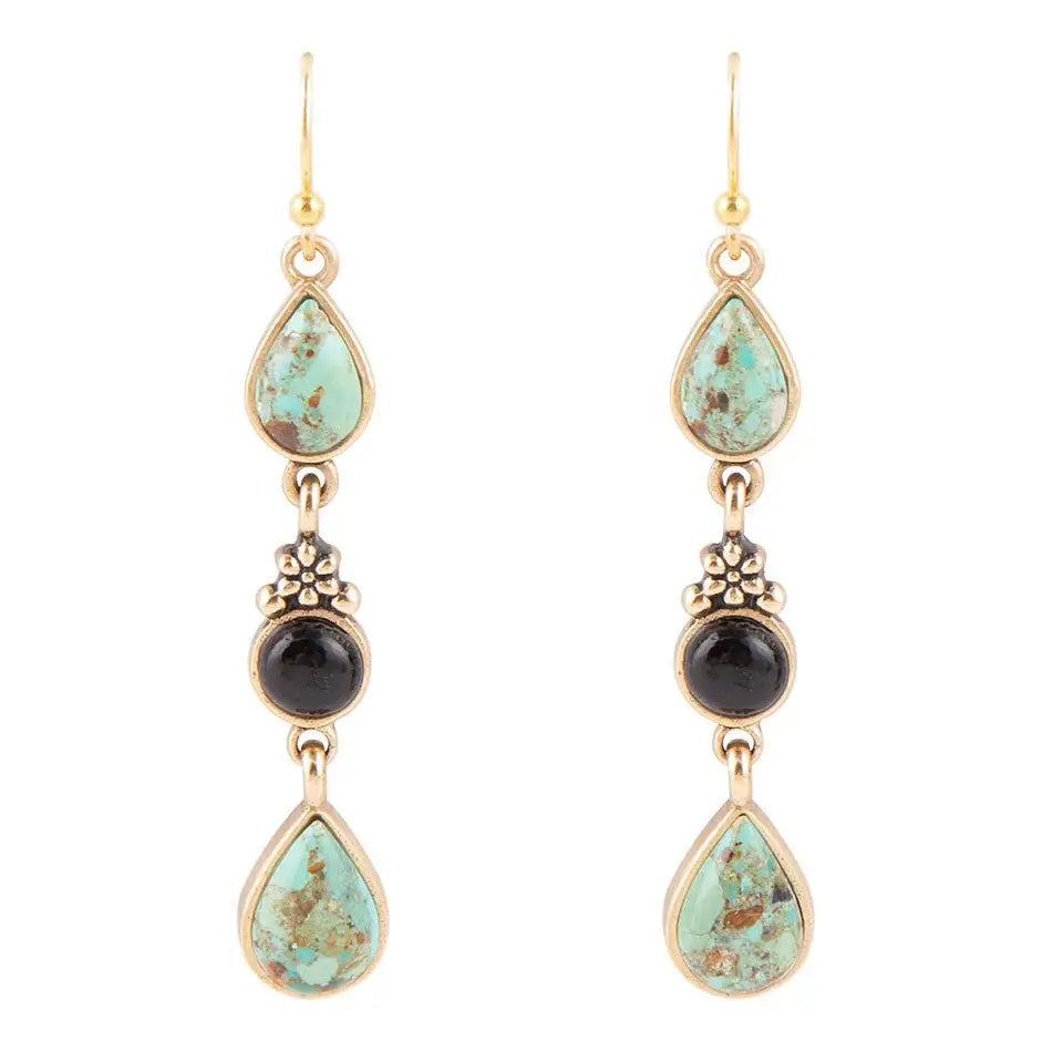 Barcelona Blue Turquoise and Black Onyx Linear Drop Golden Earrings - Barse Jewelry - Flyclothing LLC