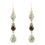 Barcelona Blue Turquoise and Black Onyx Linear Drop Golden Earrings