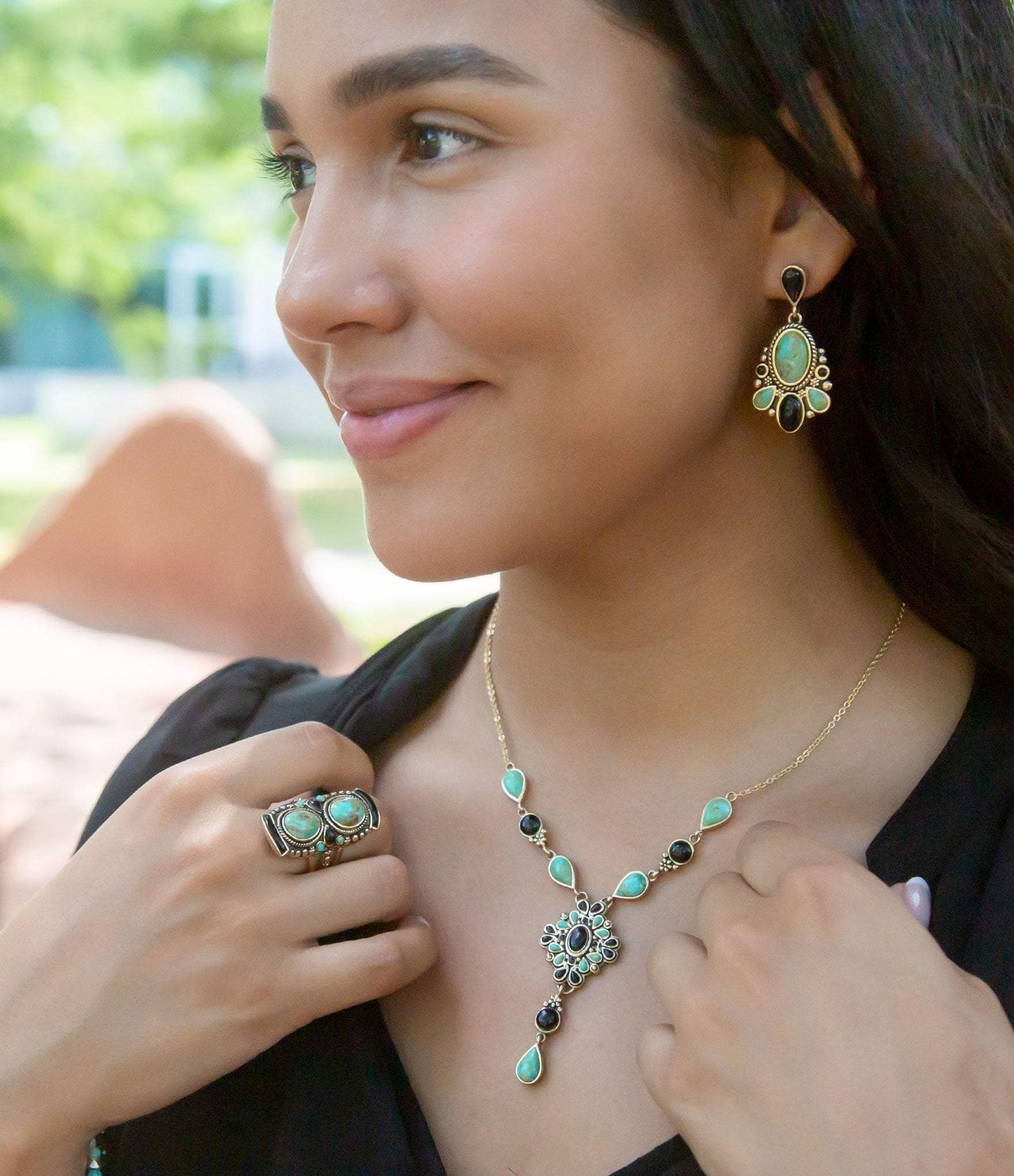Barcelona Blue Turquoise and Black Onyx Post Drop Golden Earrings - Barse Jewelry - Flyclothing LLC