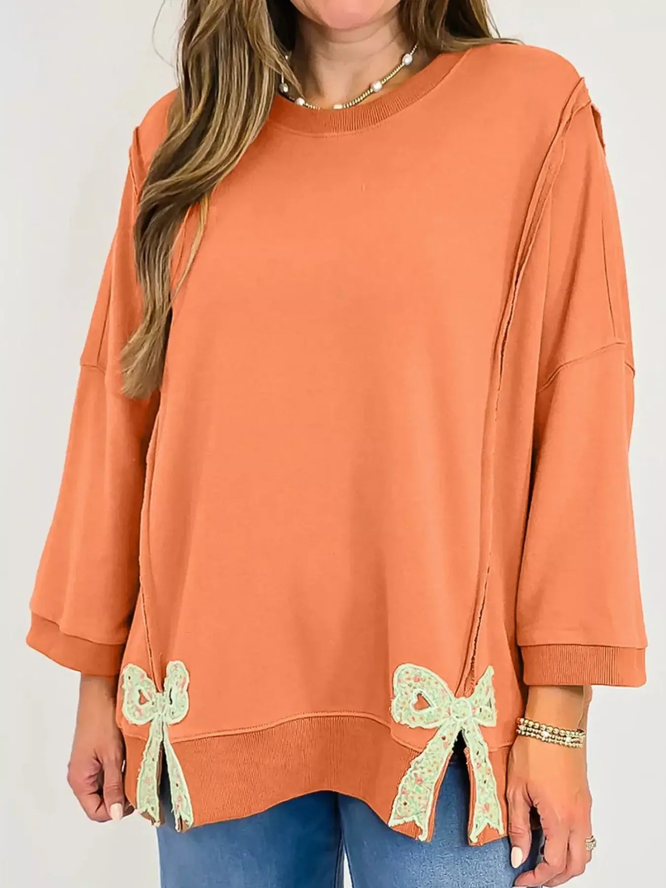 Bow Slit Round Neck Sweatshirt - Trendsi - Flyclothing LLC