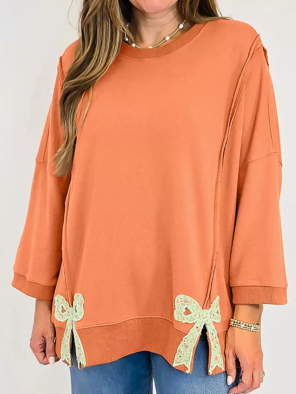 Bow Slit Round Neck Sweatshirt - Trendsi - Flyclothing LLC