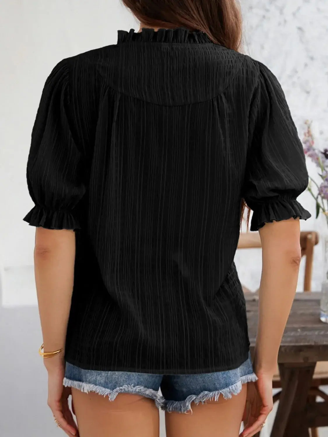 Devine Frill Notched Short Sleeve Blouse - Trendsi - Flyclothing LLC