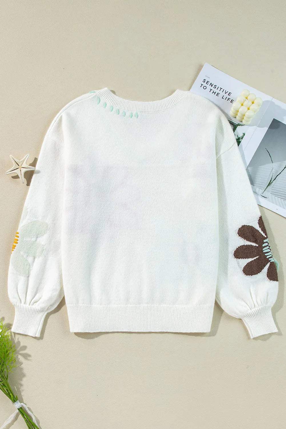 Flower V-Neck Dropped Shoulder Sweater - Trendsi - Flyclothing LLC