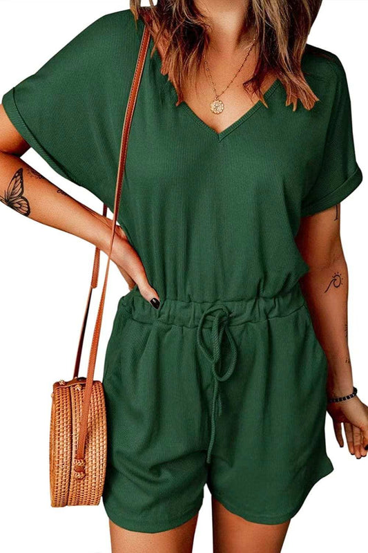 Full Size Drawstring V-Neck Short Sleeve Romper - Trendsi - Flyclothing LLC