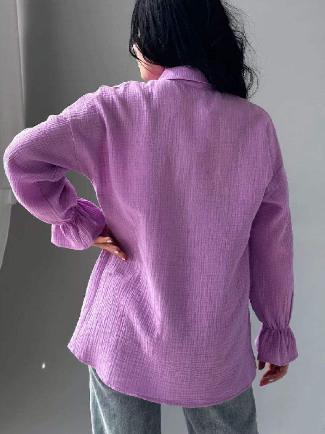 Textured Collared Neck Flounce Sleeve Shirt - Trendsi - Flyclothing LLC