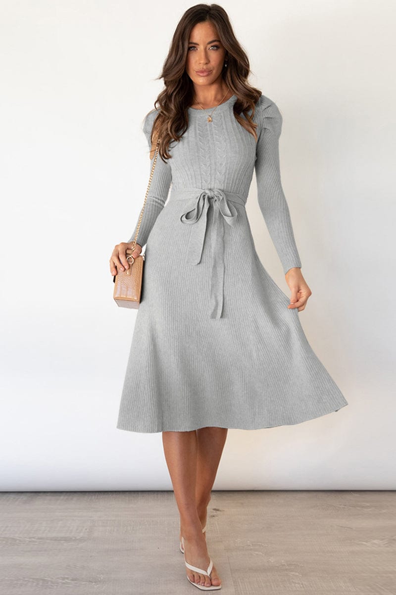 Round Neck Long Sleeve Tie Waist Sweater Dress - Trendsi