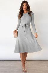 Round Neck Long Sleeve Tie Waist Sweater Dress - Trendsi