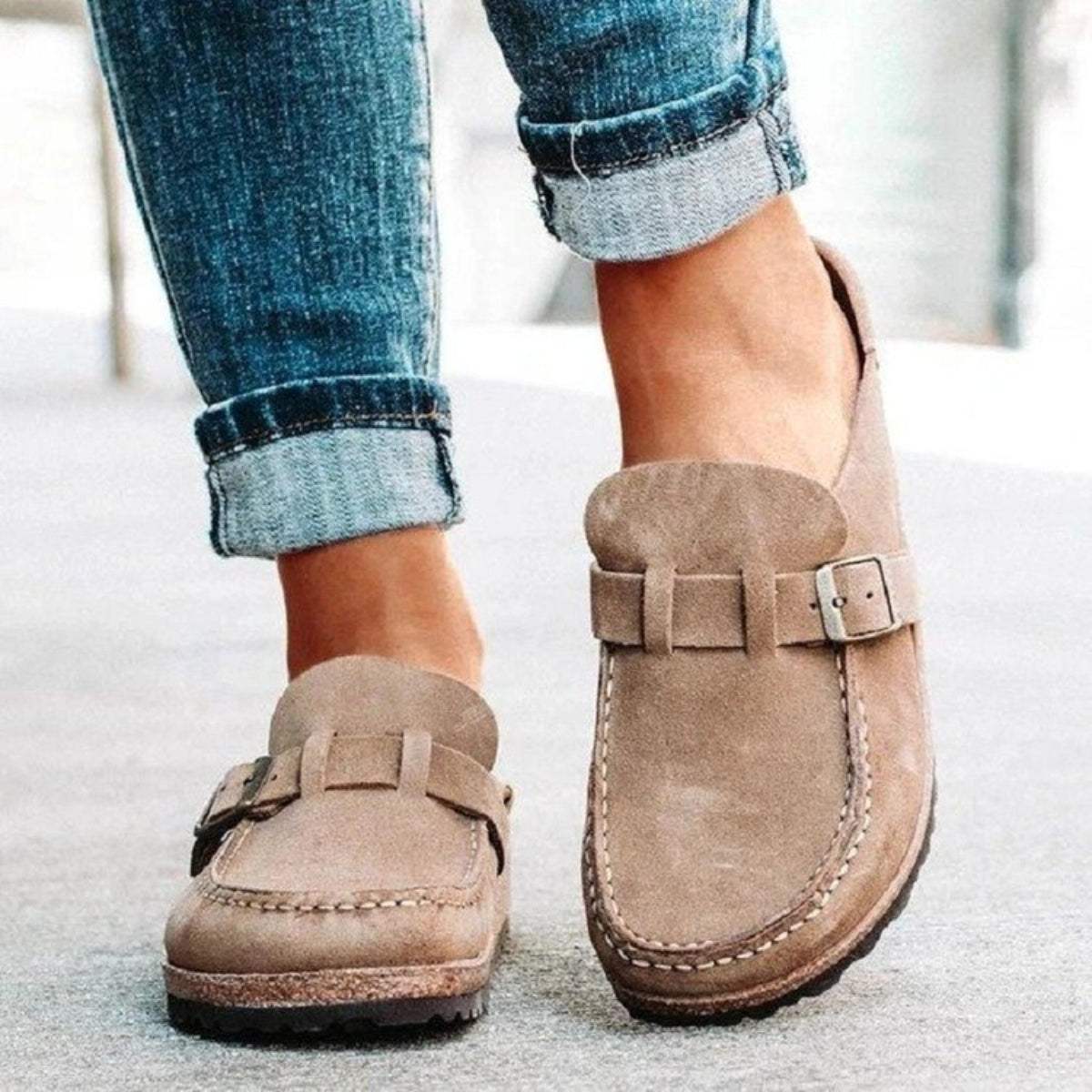 Round Toe Low Heel Buckle Sneakers - Trendsi - Flyclothing LLC