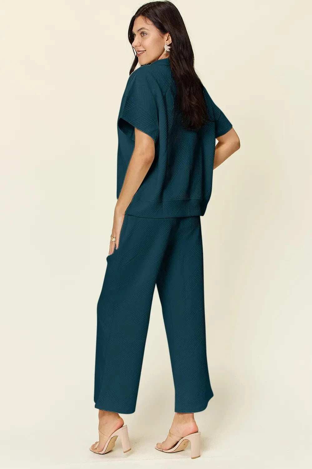 Double Take Full Size Texture Half Zip Short Sleeve Top and Pants Set - Trendsi - Flyclothing LLC