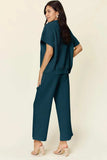 Double Take Full Size Texture Half Zip Short Sleeve Top and Pants Set - Trendsi - Flyclothing LLC