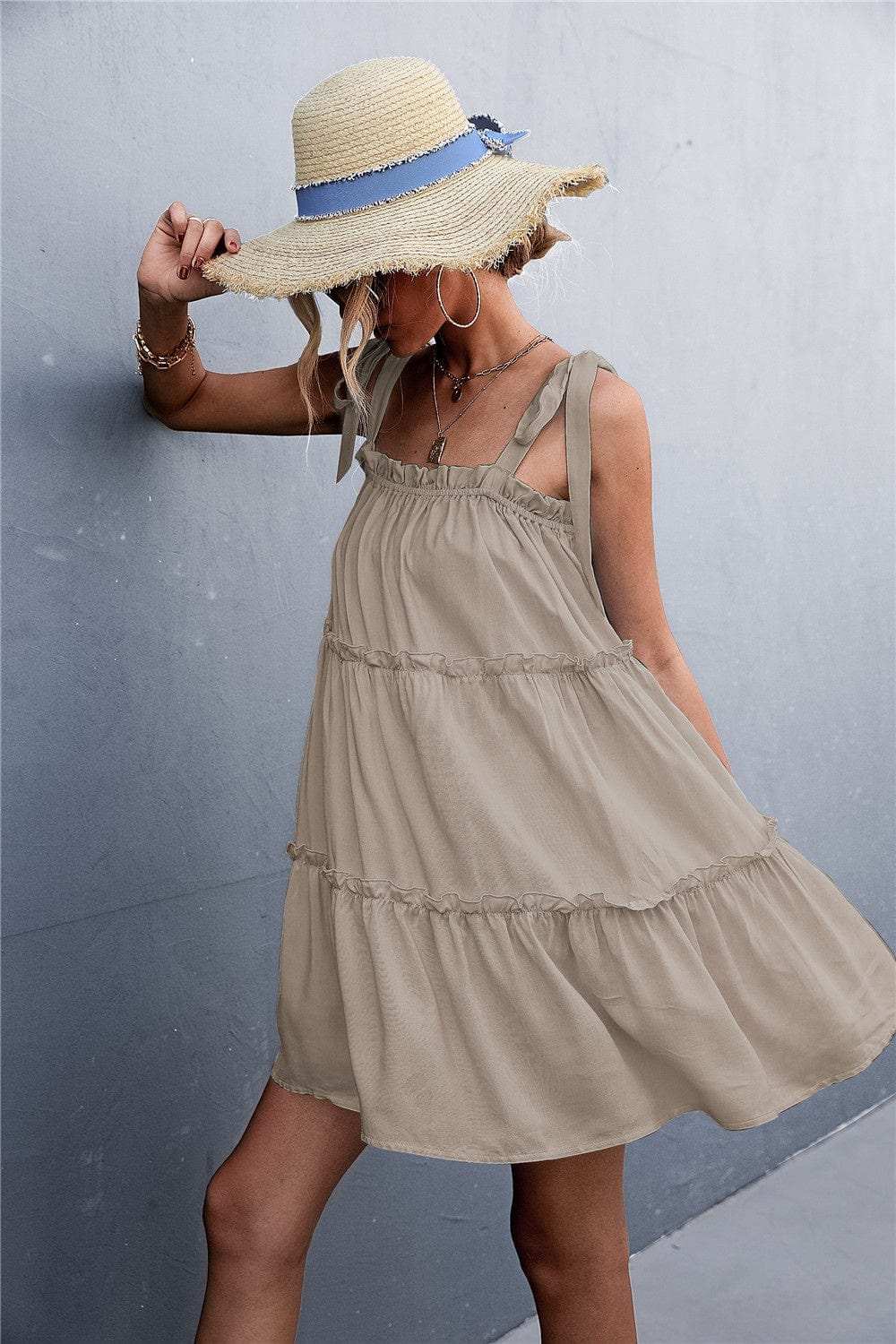 Frill Tiered Tie Shoulder Mini Cami Dress - Trendsi - Flyclothing LLC