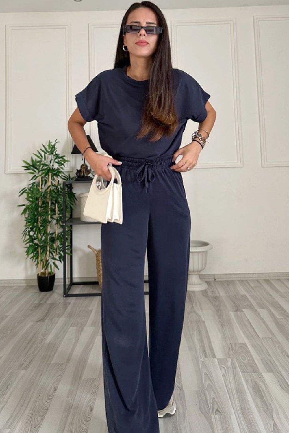 Round Neck Short Sleeve Top and Drawstring Pants Set - Trendsi - Flyclothing LLC