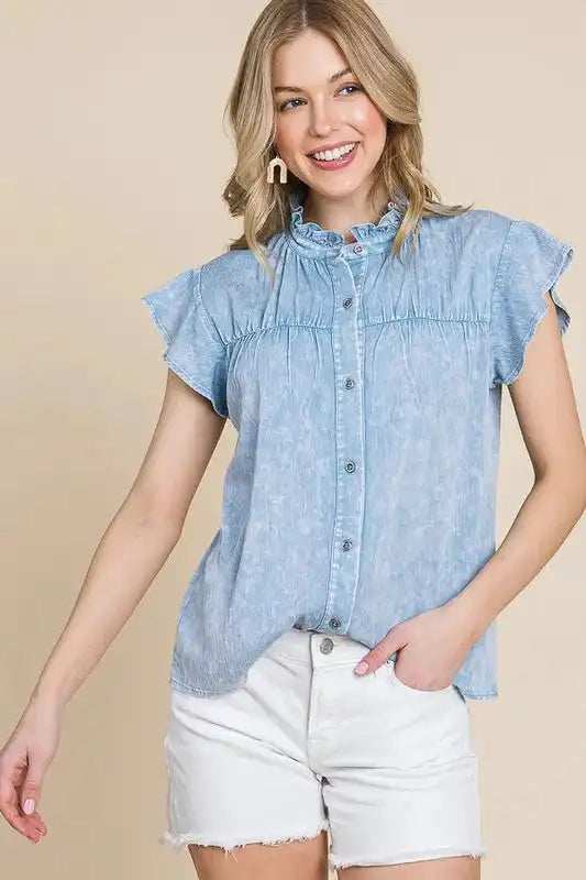 Lime 'N' Chili Mineral Wash Flutter Sleeve Button Down Shirt - Trendsi - Flyclothing LLC