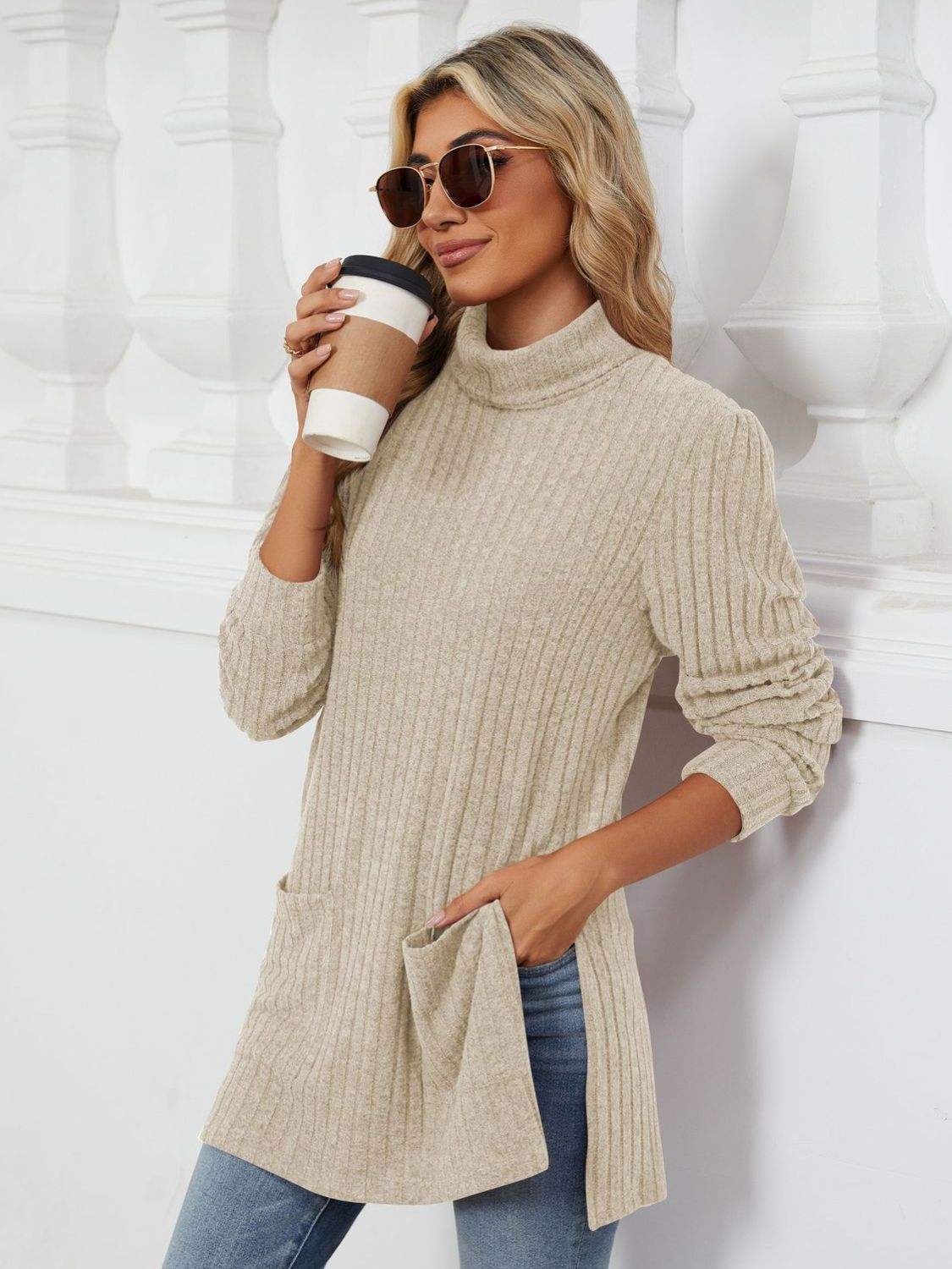 Slit Mock Neck Long Sleeve T-Shirt - Trendsi - Flyclothing LLC