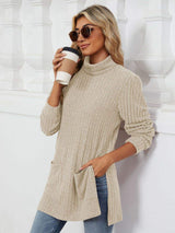Slit Mock Neck Long Sleeve T-Shirt - Trendsi - Flyclothing LLC