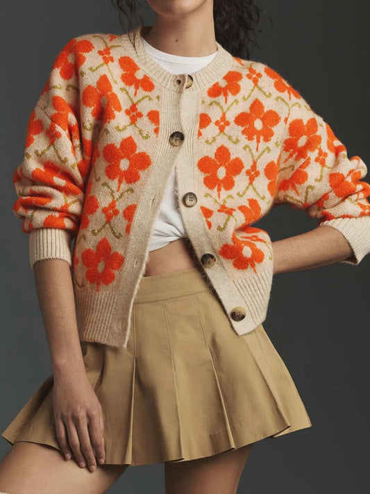 Flower Button Up Long Sleeve Cardigan - Trendsi - Flyclothing LLC
