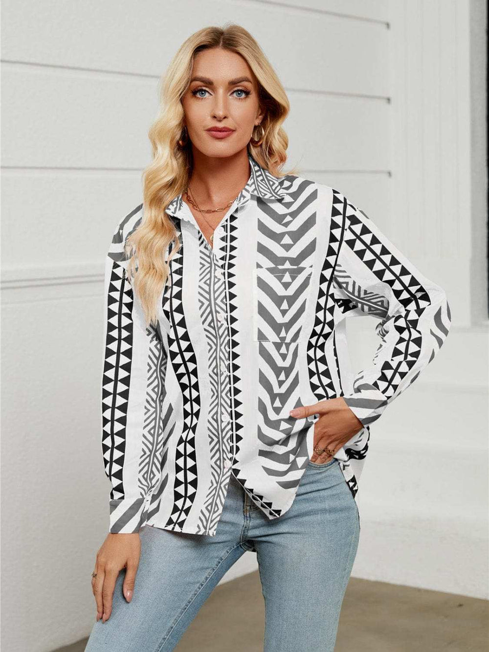 Geometric Collared Neck Long Sleeve Shirt - Trendsi - Flyclothing LLC