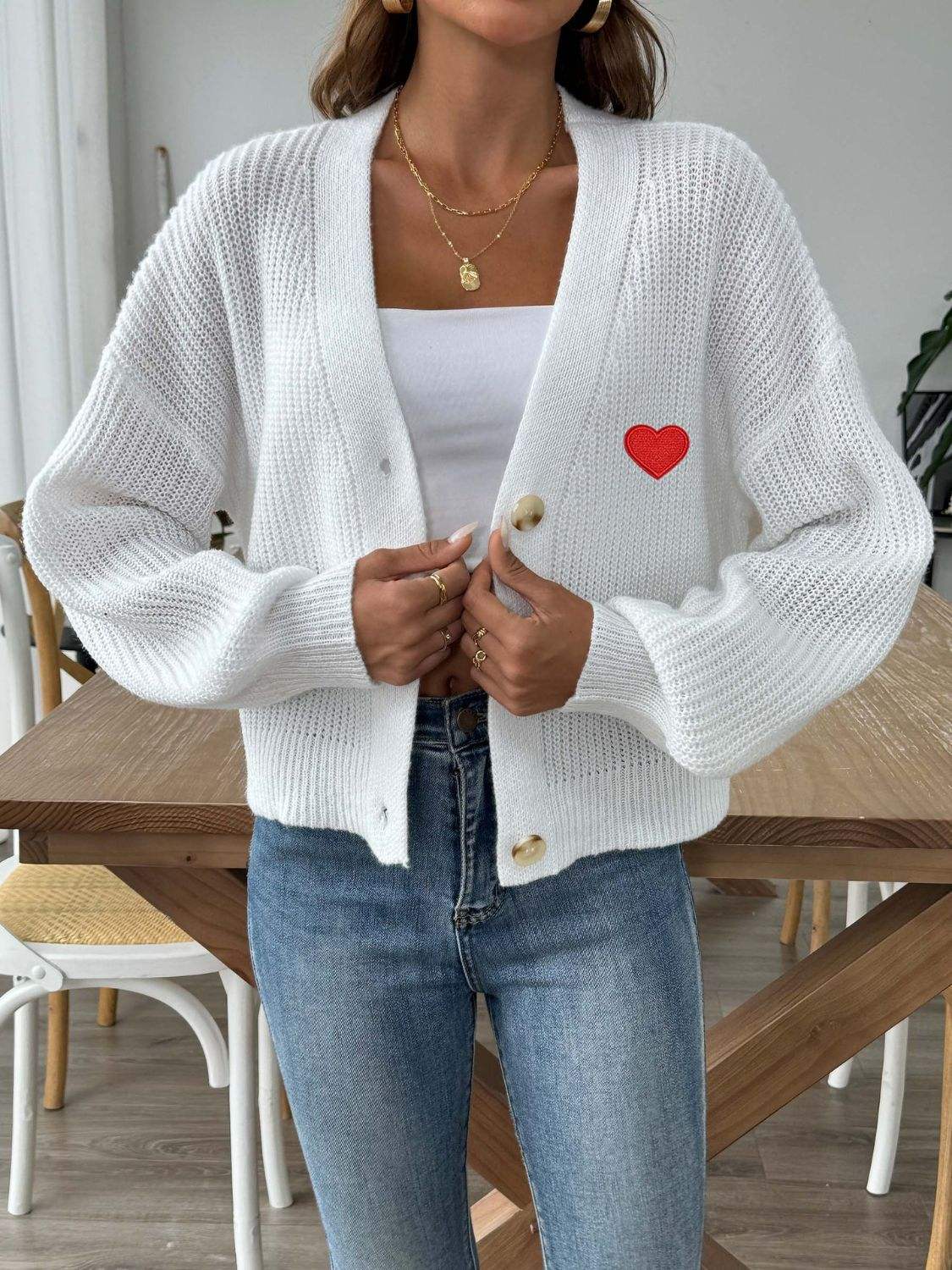Heart Button Down V-Neck Long Sleeve Cardigan - Trendsi - Flyclothing LLC