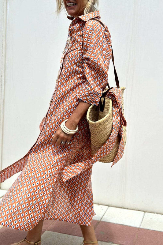 Slit Printed Collared Neck Three-Quarter Sleeve Midi Shirt Dress - Trendsi - Flyclothing LLC
