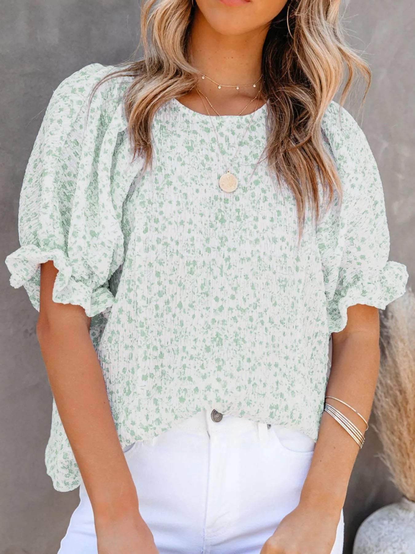 Full Size Floral Print Ruffle Sleeve Blouse Plus Size - Trendsi - Flyclothing LLC
